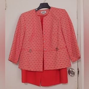 Isabella women's orange and white geometric pattern blazer and skirt set